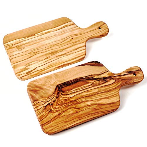 DAS OLIVENHOLZBRETT® Olivenholz Schneidebrett Set/Griffbrett aus Olivenholz/Kräuterschneidebrett mit Griff / 2er Set/Schneidebrett mit Griff / 35cm incl. Griff von das Olivenholzbrett