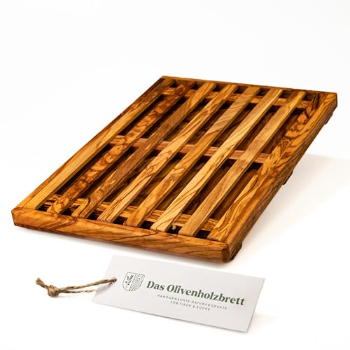 DAS OLIVENHOLZBRETT® Brotschneidebrett mit Auffangbehälter 31cm x25cm von das Olivenholzbrett