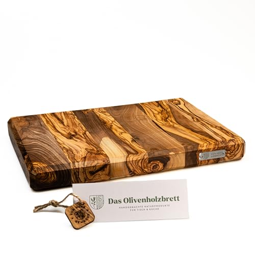 DAS OLIVENHOLZBRETT® / Exklusives Olivenholz Schneidebrett ohne Saftrille/massive Olivenholzstücke längs oder quer verleimt/Olivenholz Stirnholz/massiv/rechteckig (35cm x 25cm x 4cm) von das Olivenholzbrett