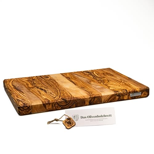 DAS OLIVENHOLZBRETT® / Exklusives Olivenholz Schneidebrett ohne Saftrille/massive Olivenholzstücke längs oder quer verleimt/Olivenholz Stirnholz/massiv/rechteckig (49cm x 35cm x 4cm) von das Olivenholzbrett