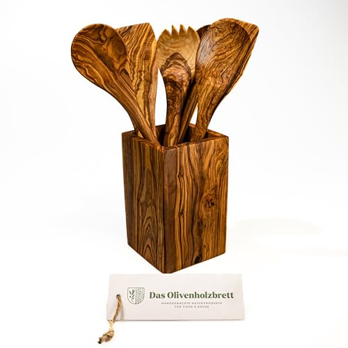 DAS OLIVENHOLZBRETT® Besteckhalter/Köcher 16cm incl. 5er Set Pfannenwender/Kochlöffel, Löffel mit Ecke + Salatbesteck Olivenholz/Holzlöffel/Küchenutensilien Holz Set/Kochlöffel Set 30cm von das Olivenholzbrett