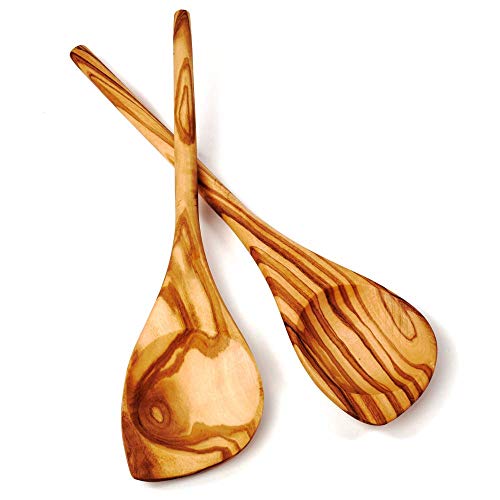 DAS OLIVENHOLZBRETT® Kochlöffel aus Olivenholz mit rundem Stiel und einer Ecke, ca. 30cm im 2er set von das Olivenholzbrett