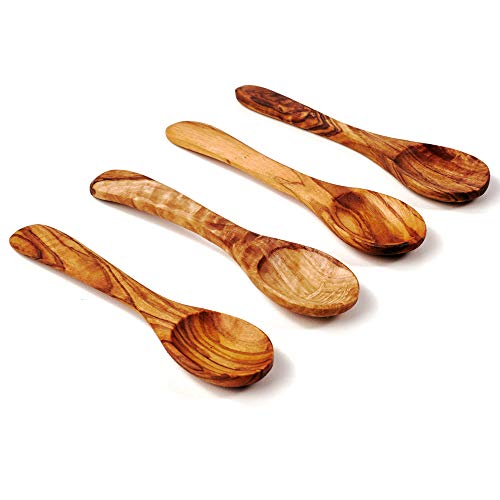 DAS OLIVENHOLZBRETT® Olivenholz Löffel 4er Set / 4x Müslilöffel Holz/Vier Esslöffel aus Olivenholz/Set kleine Servierlöffel aus Holz / 20cm, Set 4 Stück von das Olivenholzbrett