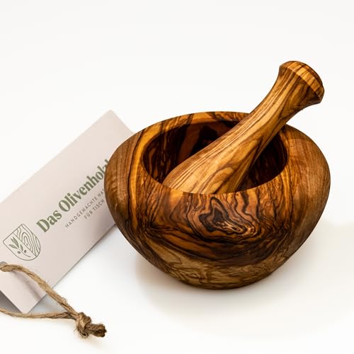 DAS OLIVENHOLZBRETT® Mörser und Stößel, Holzmörser Set mit Stoessel rund ca.14cm von das Olivenholzbrett