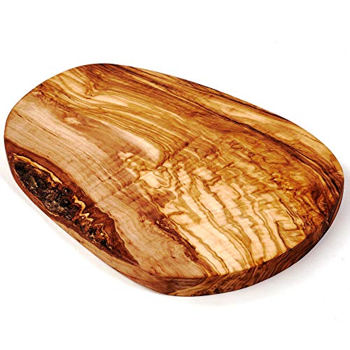 DAS OLIVENHOLZBRETT® Schneidebrett aus Olivenholz/Olivenholzbrett/Servierbrett aus Holz/Frühstücksbrett/Brotzeitbrett/Steakbrett Holz/Naturschnitt 40-44cm lang/ca. 18-22cm breit von das Olivenholzbrett