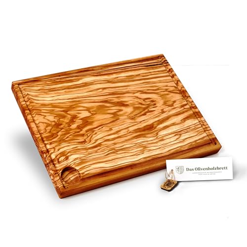 DAS OLIVENHOLZBRETT® Schneidebrett mit Saftrille aus Olivenholz/Tranchierbrett rechteckig/großes Barbecuebrett ca. 50cm x 35cm x 2cm von das Olivenholzbrett