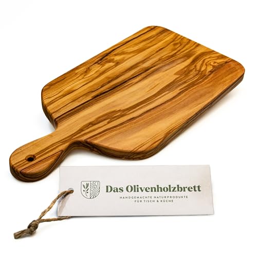 DAS OLIVENHOLZBRETT® rechteckiges Schneidebrett mit Griff/Kräuterbrett mit Griff/Zwiebelbrett mit Griff/Servierbrett mit Griff/abgerundeten Ecken / 30cm incl. Griff von das Olivenholzbrett