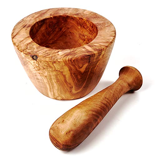 Mörser und Stößel Olivenholz, glatter Rand 14cm Durchmesser von das Olivenholzbrett