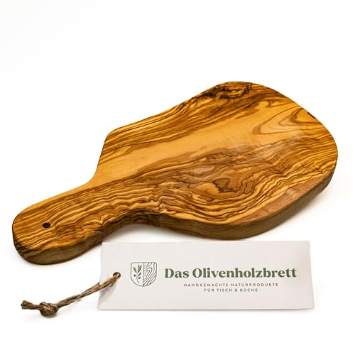 das Olivenholzbrett® Knoblauch Schneidebrett aus Olivenholz/Kräuterschneidebrett/Zwiebelbrett aus Holz mit Griff aus Olivenholz/mit Loch zum Aufhängen 25cm von das Olivenholzbrett