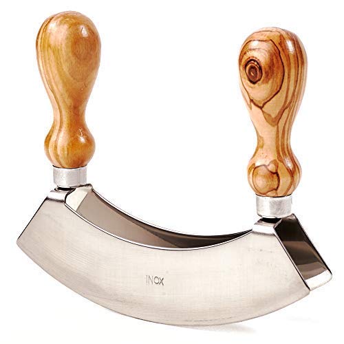 DAS OLIVENHOLZBRETT® Kräutermesser, Kräuterwiege mit zwei Klingen und Griffen aus Olivenholz von das Olivenholzbrett