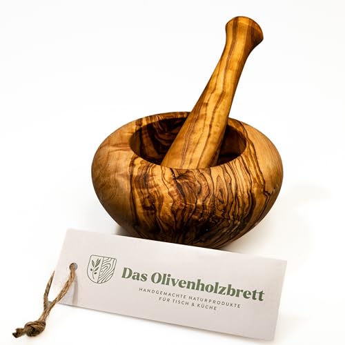 das Olivenholzbrett® Mörser und Stößel aus Olivenholz, Holzmörser rund ca.16cm von das Olivenholzbrett