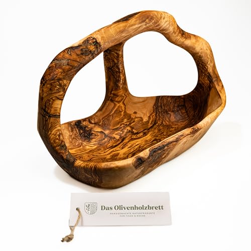 das Olivenholzbrett® Olivenholz Obstschale/Korbschale mit Griff/Gemüseschale aus Olivenholz/dekorative Holzschale in Korbform mit 2-3 Henkel 40cm von das Olivenholzbrett
