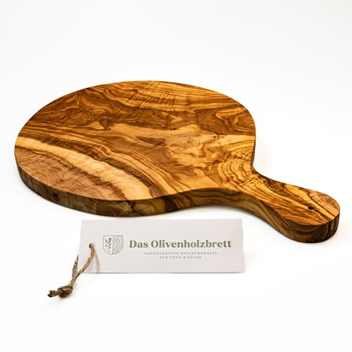 DAS OLIVENHOLZBRETT® Pizzabrett aus Olivenholz/Pizzabrett aus Holz/Schneidebrett für Flammkuchen/Servierbrett runde Form mit Griff 30cm von das Olivenholzbrett