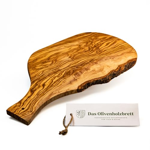 DAS OLIVENHOLZBRETT® Schneidebrett, Servierbrett in Naturform mit Griff 40cm von das Olivenholzbrett
