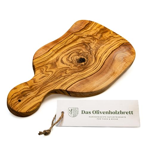 das Olivenholzbrett® Knoblauch Schneidebrettchen aus Olivenholz/Kräuterschneidebrettchen/Zwiebelbrett aus Holz mit Griff aus Olivenholz/mit Loch zum Aufhängen 35cm incl Griff von das Olivenholzbrett