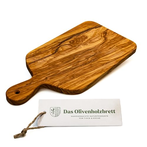 DAS OLIVENHOLZBRETT® rechteckiges Schneidebrett mit Griff aus Olivenholz/Kräuterbrett mit Griff aus Olivenholz/Servierbett mit Griff/Schneidebrett mit Griff und abgerundeten Ecken / 35cm von das Olivenholzbrett