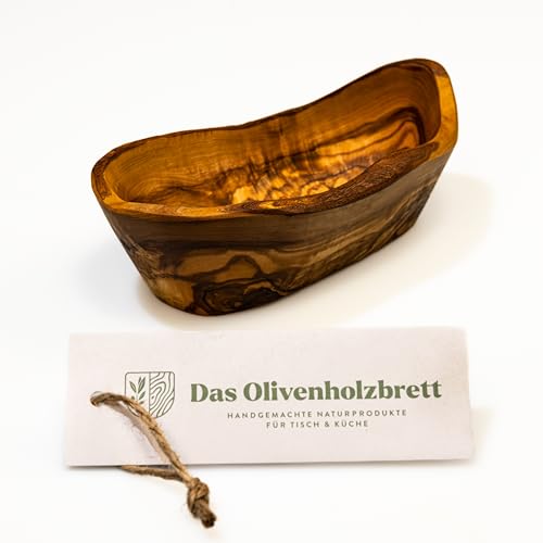 DAS OliIVENHOLZBRETT® / typisch schmal geschnittene Baguetteschale aus Olivenholz/längliche Brotschale aus Holz/Dekoschale aus Holz/Snackschale/Naturrand 20 cm von das Olivenholzbrett