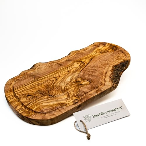 DAS OLIVENHOLZBRETT® Olivenholz Schneidebrett mit Saftrille/Servierbrett aus Olivenholz/Steakbrett/Olivenholzbrett mit Saftrille/Naturschnitt/ca. 45-49cm lang, 22-26cm breit von das Olivenholzbrett