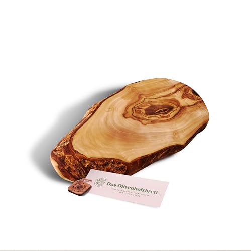 DAS OLIVENHOLZBRETT® Schneidebrett Olivenholz, Brotzeitbrett aus Holz mit naturbelassenem Rand, 35 cm von das Olivenholzbrett