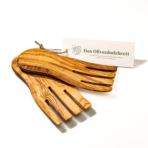 das Olivenholzbrett® / Salatbesteck aus Olivenholz/Servierbesteck in Handform/Olivenholzhände für Salat/Salathände aus Olivenholz / 19cm von das Olivenholzbrett