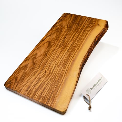 DAS OLIVENHOLZBRETT® Schneidebrett aus Olivenholz xl/Servierbrett groß/Tranchierbrett aus Olivenholz rechteckig, eine Seite naturbelassen/massives Olivenholz Schneidebrett 60 x30 x2,5cm von das Olivenholzbrett