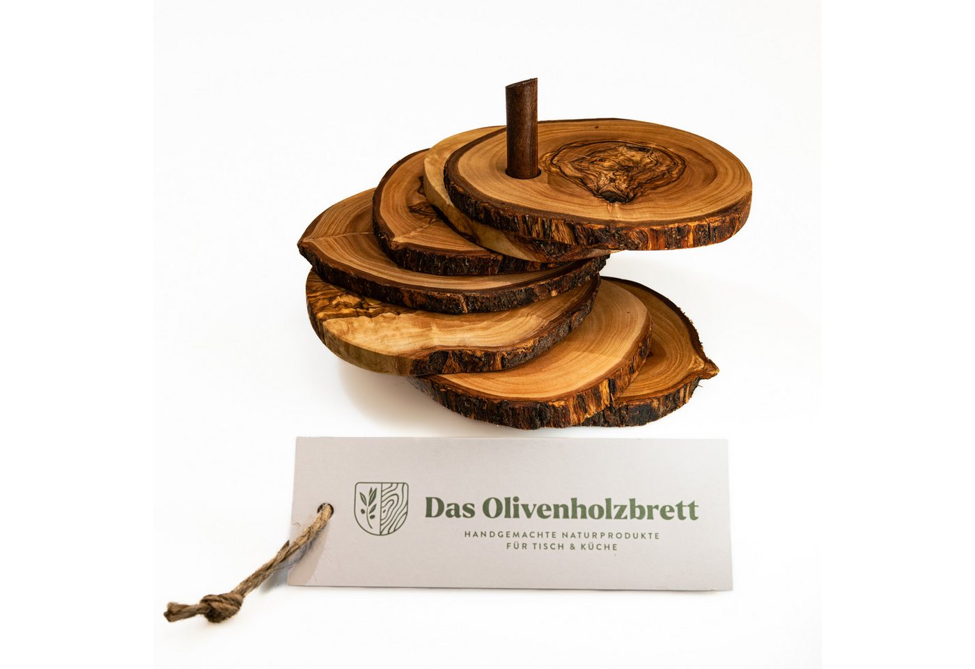 dasOlivenholzbrett Getränkeuntersetzer 6er Set Untersetzer aus Olivenholz, rund und mit Rindenrand auf Stift von dasOlivenholzbrett