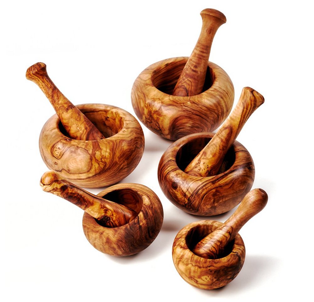 dasOlivenholzbrett Mörser 5er Set Mörser und Stößel aus Olivenholz mit rundem Rand, alle Größen dasOlivenholzbrett Mörser 5er Set Mörser und Stößel aus Olivenholz mit rundem Rand, alle Größen von dasOlivenholzbrett