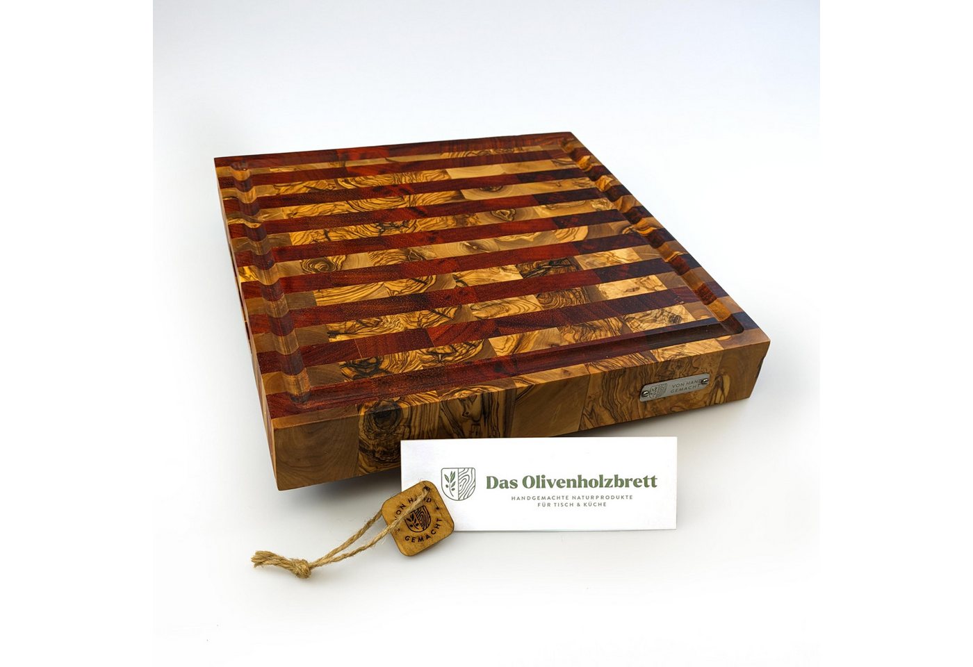 dasOlivenholzbrett Schneidebrett Massives Olivenholz Stirnholz Schneidebrett mit Saftrille zweifarbig von dasOlivenholzbrett