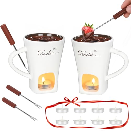 Fondue-Topf-Tassen-Set, schmelzende Fonduetassen, 2 Stück mit 4 Gabeln und 8 Teelichtern, weißes Mini-Fondue-Set aus Keramik, für Käse, Marshmallows, süße Fonduetasse für Date, Nacht, Party, Hochzeit von daslich