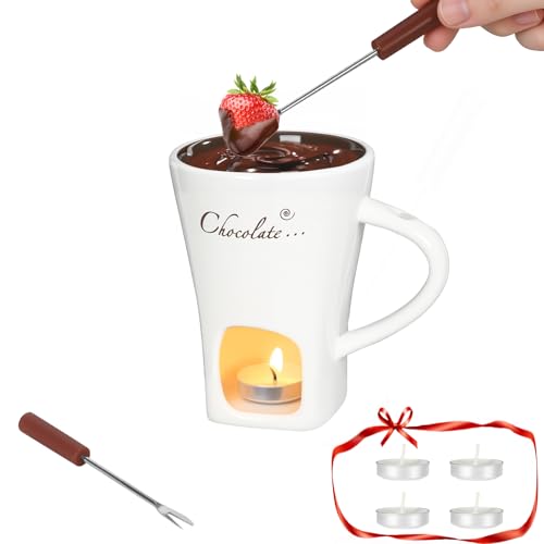 Fondue-Topfbecher-Set, schmelzende Fonduetassen mit 2 Gabeln und 4 Teelichtern, weißes Mini-Fondue-Set aus Keramik, für Käse, Marshmallows, süße Fonduetasse für Date-Nacht, Party, Hochzeit oder Fondue-Topfbecher-Set, schmelzende Fonduetassen mit 2 Gabeln und 4 Teelichtern, weißes Mini-Fondue-Set aus Keramik, für Käse, Marshmallows, süße Fonduetasse für Date-Nacht, Party, Hochzeit oder von daslich
