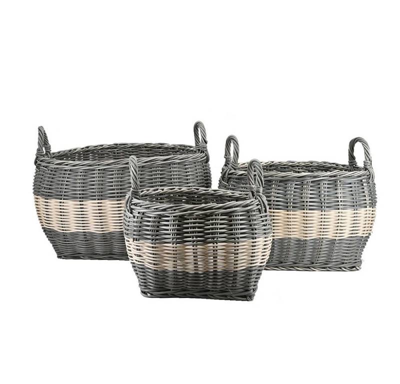 dasmöbelwerk Blumentopf Pflanzkörbe Blumentopf Korb mit Henkel Übertopf 3er Set, Rattan, grau, grau gestreift von dasmöbelwerk