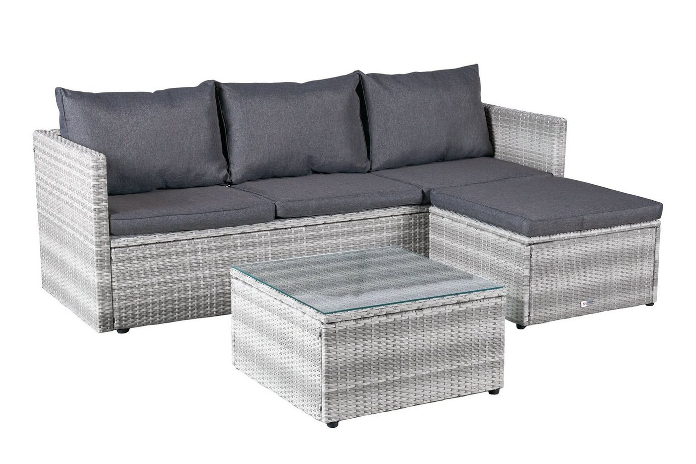 dasmöbelwerk Gartenlounge-Set Gartenlounge Ecksofa Balkonset Manila mit Tisch + Hocker weiß-grau, individuell stellbar von dasmöbelwerk