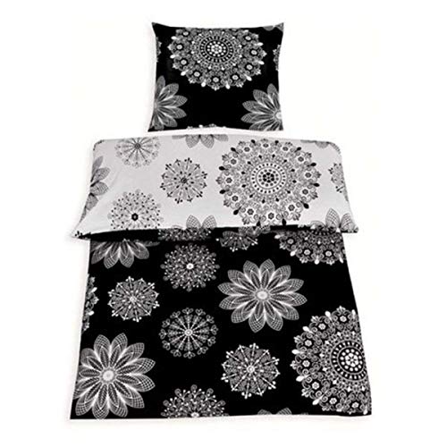 daspasstgut 2tlg Baumwolle Renforce Wende Bettwäsche 135x200 + 80x80 Top Motiv mit Mandalas & Blumen in Schwarz Weiß NEU mit RV von daspasstgut