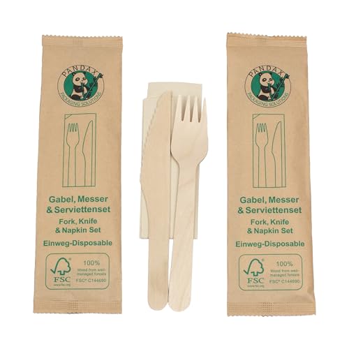 daybays 500 Stk. Holzbesteck Set mit Servietten als Einzel Verpackt Einweg Holzgabeln Holzmesser Besteck Set Holzgabel Einwegbesteck aus Holz Gabel Messer Wooden Forks Knife (500) von daybays