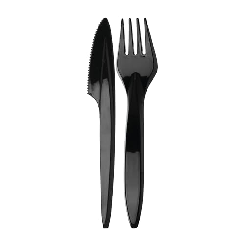 daybays Plastikbesteck Set 100x Plastikgabel 100x Plastikmesser Mehrweg Geschirrset Partybesteck Plastikgeschirr Mehrwegbesteck Spülmaschinenbeständig (Schwarz, 100Gabel+100Messer) von daybays