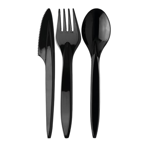 daybays Plastikbesteck Set 500x Plastikgabel 500x Plastikmesser 500x Plastiklöffel Mehrweg Geschirrset Partybesteck Plastikgeschirr Mehrwegbesteck Spülmaschinenbeständig (500, Schwarz) von daybays