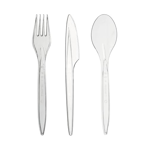 daybays Plastikbesteck Set 500x Plastikgabel 500x Plastikmesser 500x Plastiklöffel Mehrweg Geschirrset Partybesteck Plastikgeschirr Mehrwegbesteck Spülmaschinenbeständig (500, Transparent) von daybays