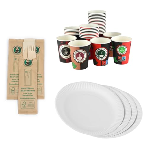 daybays100 Stk. Holzbesteck Set mit Pappteller Kaffeebecher und Servietten als Einzel Verpackt Holzgabeln Holzmesser Pappteller 23 cm Pappbecher 8oz/200ml Besteck Set Gabel Messer Kaffeebecher von daybays