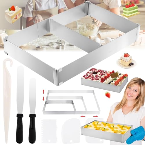 dcas 7 Stück Edelstahl Backrahmen Rechteckig Set, 5 Cm Hoch Quadratische Kuchenform, Kuchenform Eckig Mit Teiler, Backzubehör Backrahmen Rechteckig, Backring Eckig Verstellbar (Mit Werkzeug) von dcas