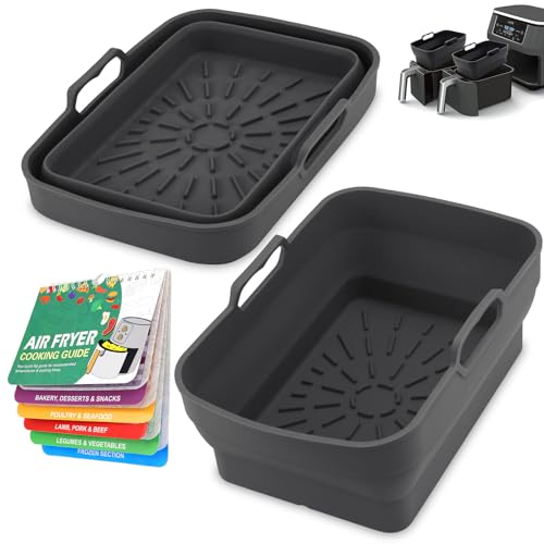 ddLUCK Air Fryer Silikon HeißLuftfritteuse Zubehör, Faltbar Silikonformen für Ninja Foodi AF400EU/SL400EU/Cookwise and Alle 7.6-9.5L Airfryer Dual Zone mit Magnetischer Kochbuch(Schwarz,2 Stück) von ddLUCK