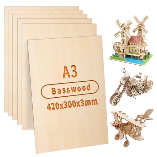 ddckj Sperrholzplatte 3mm A3 Lindenholz 42 x 30 cm 6Stück Laser Holz für DIY Brandmalerei Malen Laserbearbeitung Bastelarbeiten Modellbau Leeres Sperrholzplatten von ddckj