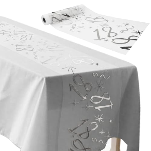 ddckj Tischläufer 18 Geburtstag 28 cm x 10 m Tischdeko Geburtstag Zuschneidbar Tisch Deko Silbrig Männer und Frauen für Geburtstagsparty Jubiläumsfeier von ddckj