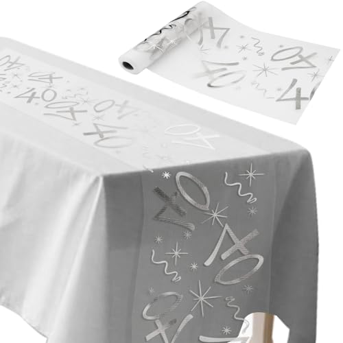 ddckj Tischläufer 40 Geburtstag 28 cm x 10 m Tischdeko Geburtstag Zuschneidbar Tisch Deko Silbrig Männer und Frauen für Geburtstagsparty Jubiläumsfeier von ddckj