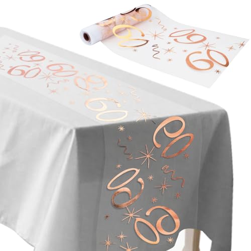 ddckj Tischläufer 60 Geburtstag 28 cm x 10 m Tischdeko Geburtstag Zuschneidbar Tisch Deko Roségold Männer und Frauen für Geburtstagsparty Jubiläumsfeier von ddckj