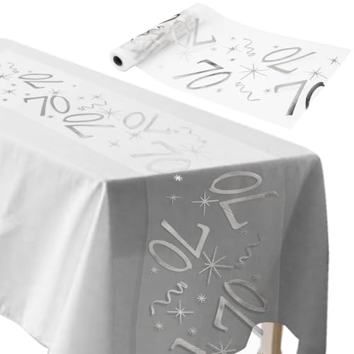 ddckj Tischläufer 70 Geburtstag 28 cm x 10 m Tischdeko Geburtstag Zuschneidbar Tisch Deko Silbrig Männer und Frauen für Geburtstagsparty Jubiläumsfeier von ddckj