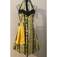 Üppige Zitrone, Schwarz, Grün, Gelb, Zitronenmotiv, Frauen Reversibel, Vintage-stil, Herzförmiger Ausschnitt, Abnehmbares Handtuch, Tolles Geschenk von deannakay