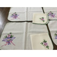 Reines Leinen 6 Platzset Servietten Handgemalt Lila Iris Blumen Signiert Hohlsaum/Leinen Geschirr/Leinen Floral von debsvintageandmore