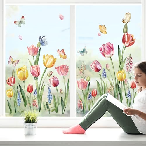 decalmile Fensteraufkleber Blumen Tulpen Schmetterling Fenster Abziehbilder Garten Blumen Anti-Kollision Fensterfolie Glas Fensterdeko Aufkleber von decalmile