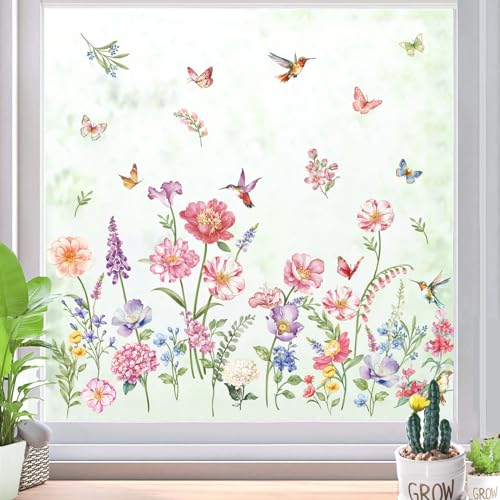 decalmile Fensteraufkleber Garten Blumen Fensterbilder Frühling Fenster Abziehbilder Blumen Schmetterlinge Anti-Kollision Fensterfolie Glas Fensterdeko Aufkleber von decalmile