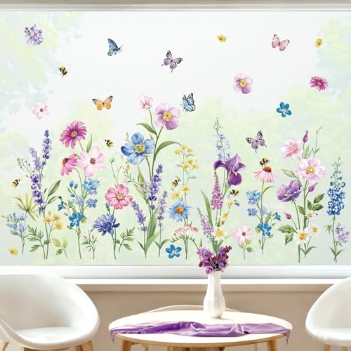 decalmile Fensteraufkleber Frühling Blumen Fensterbilder Frühling Blumen Fenster Abziehbilder Iris Blumen Schmetterlinge Anti-Kollision Fensterfolie Glas Fensterdeko Aufklebe von decalmile